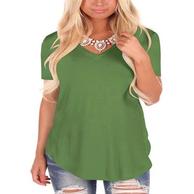 Andongnywell Women's Casual Solid Color T-Shirts Short Sleeve V Neck Loose Summer Casual Tunic Tops Blouse (Green,Large,,,)