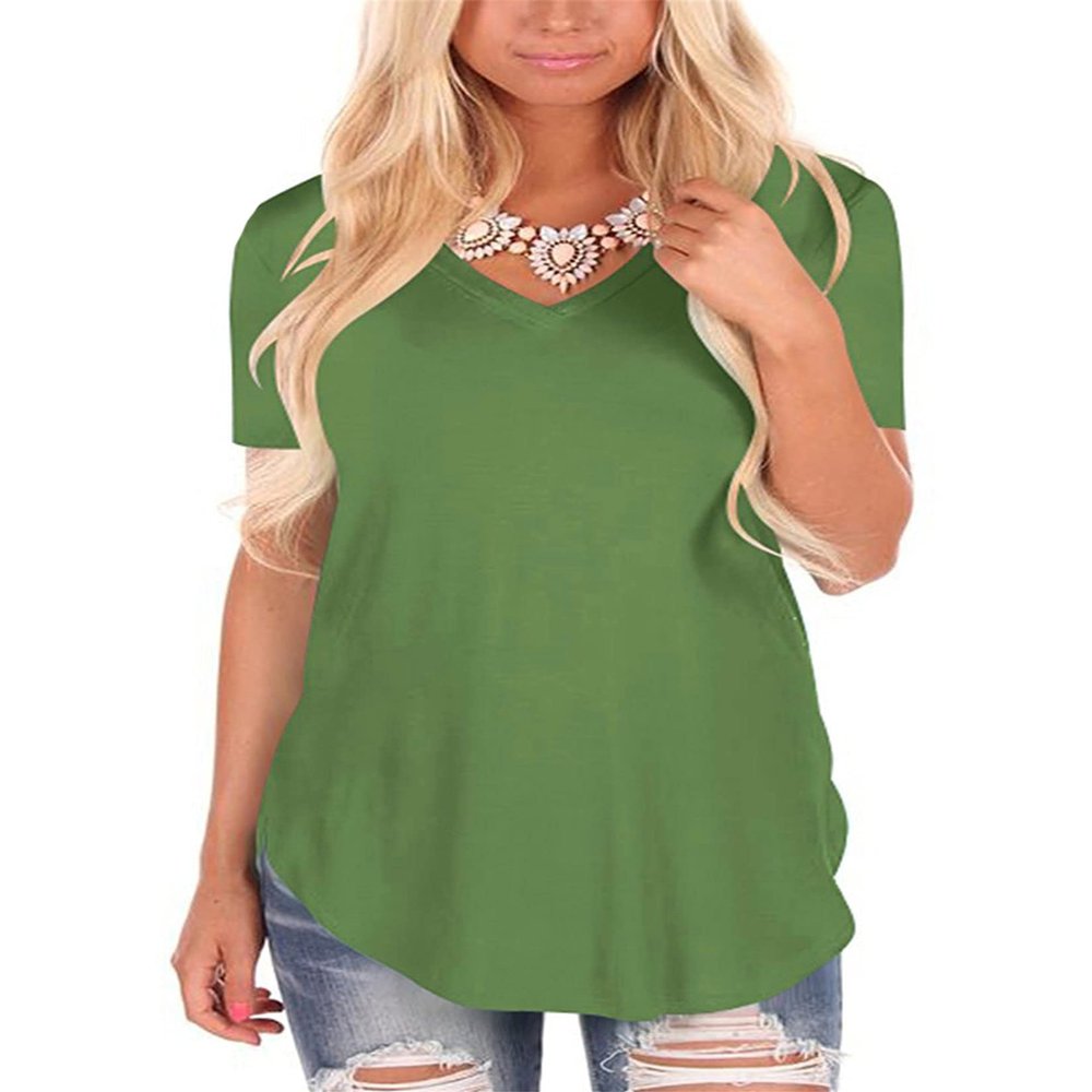 Andongnywell Women's Casual Solid Color T-Shirts Short Sleeve V Neck Loose Summer Casual Tunic Tops Blouse (Green,Large,,,)