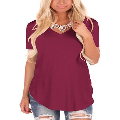 Andongnywell Women's Casual Solid Color T-Shirts Short Sleeve V Neck Loose Summer Casual Tunic Tops Blouse (Wine Red,XX-Large,,,)
