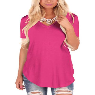 Andongnywell Women's Casual Solid Color T-Shirts Short Sleeve V Neck Loose Summer Casual Tunic Tops Blouse (Rose Red,Large,,,)