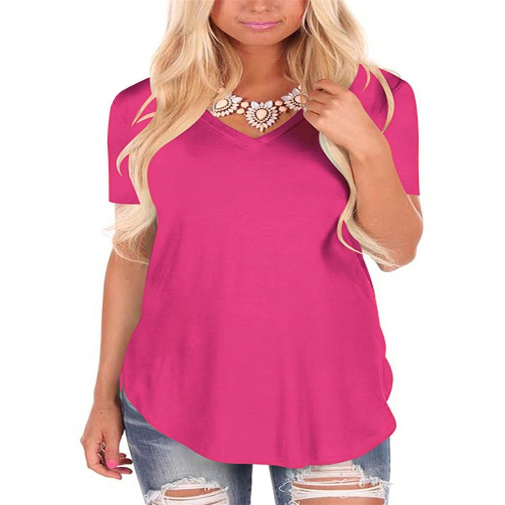 Andongnywell Women's Casual Solid Color T-Shirts Short Sleeve V Neck Loose Summer Casual Tunic Tops Blouse (Rose Red,Large,,,)