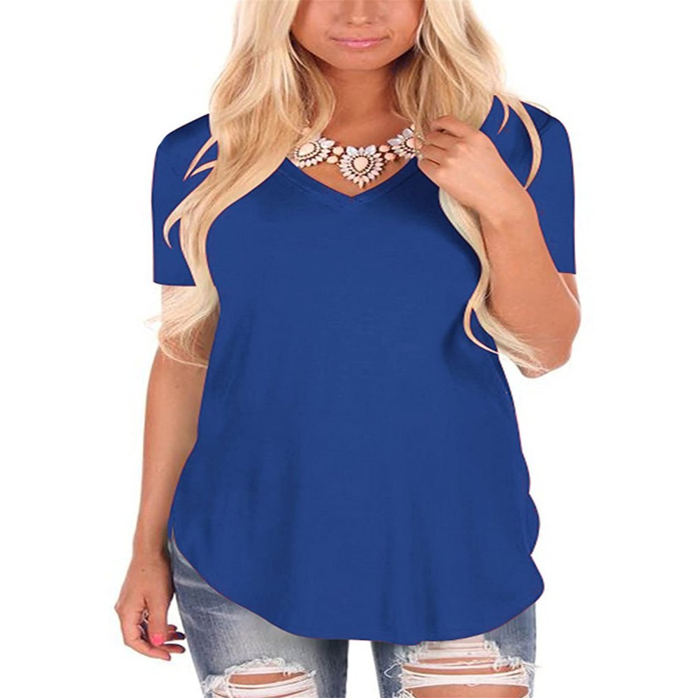 Andongnywell Women's Casual Solid Color T-Shirts Short Sleeve V Neck Loose Summer Casual Tunic Tops Blouse (Blue,Large,,,)