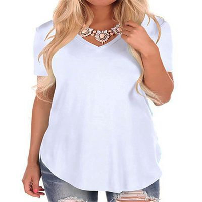 Andongnywell Women's Casual Solid color T-Shirts Short Sleeve V Neck Loose Summer Casual Tunic Tops Blouse (White,Large,,,)