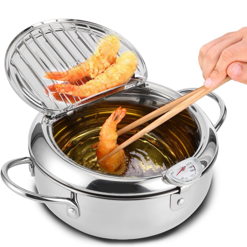 Stainless Steel Deep Fryer Pot, Small Deep Fryer Pot With Thermometer Oil Drip Drainer Rack for French Fries Shrimp Chicken