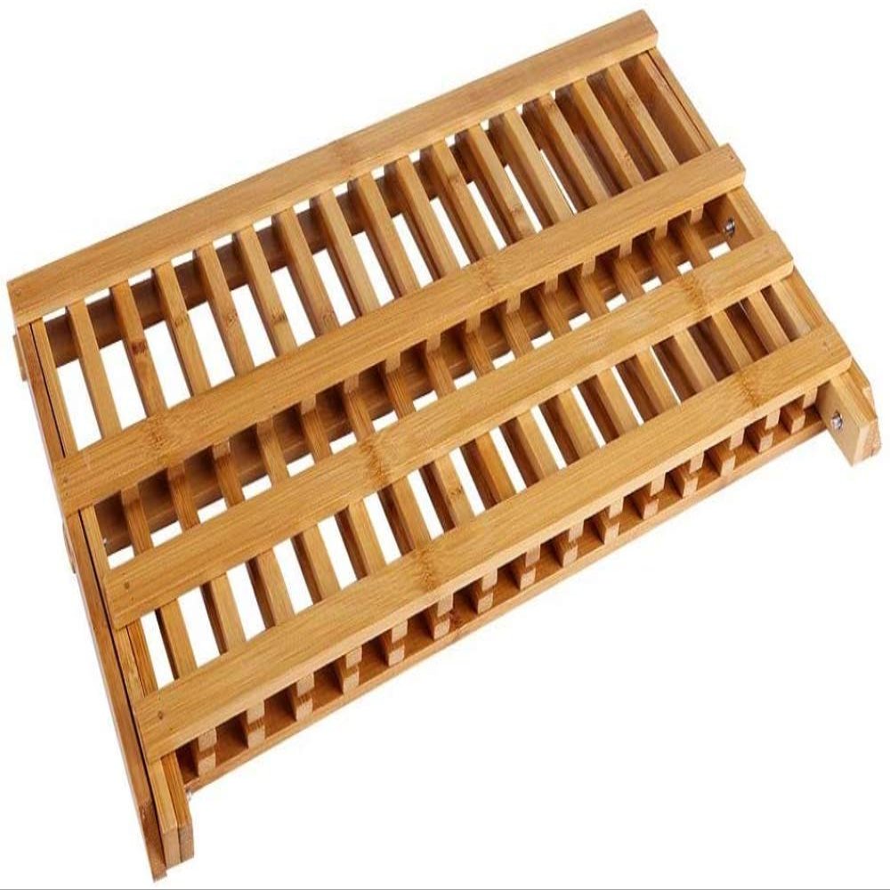 Bamboo Dish Drying Rack, 2-Tier Folding Wooden Dish Rack Sink Dish Drainer Plate Cutlery Dryer Draining Rack for Home Kitchen