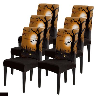 Savannan Dining Room Chair Slipcovers, Halloween Cartoon Cemetery Dried Tree Pumpkin Lantern Bat Moon Removable Stretch Covers Parsons Slipcover for Restaurant, Set of 6