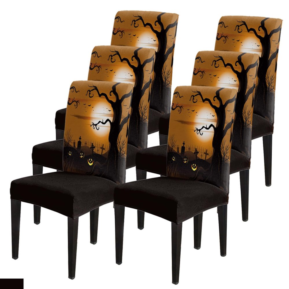 Savannan Dining Room Chair Slipcovers, Halloween Cartoon Cemetery Dried Tree Pumpkin Lantern Bat Moon Removable Stretch Covers Parsons Slipcover for Restaurant, Set of 6