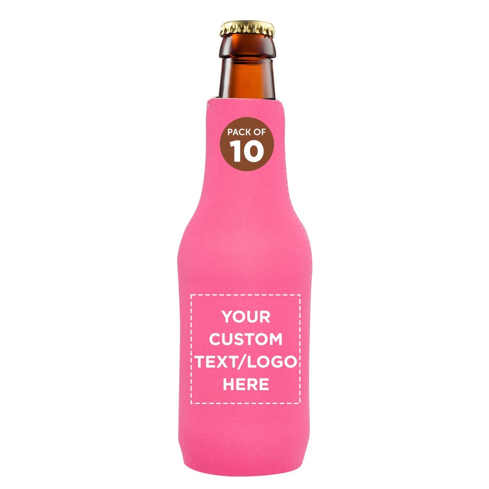 10 Neoprene Zippered Beer Bottle Coolies Pack - Customizable Text, Logo - Sharkskin Rubber Bottom - Neon Pink