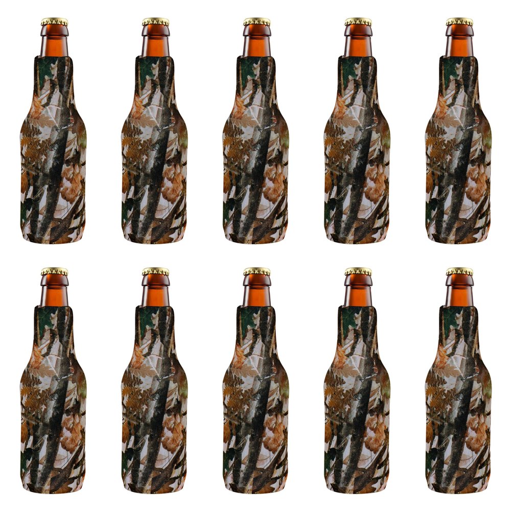 10 Neoprene Zippered Beer Bottle Coolies Pack - Sharkskin Rubber Bottom - Camo3