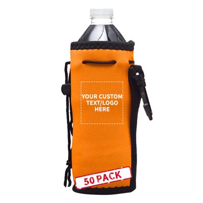 50 Neoprene Water Bottle Drawstring Insulators Pack - Customizable Text, Logo - 12 oz. Longneck, Hook - Neon Orange