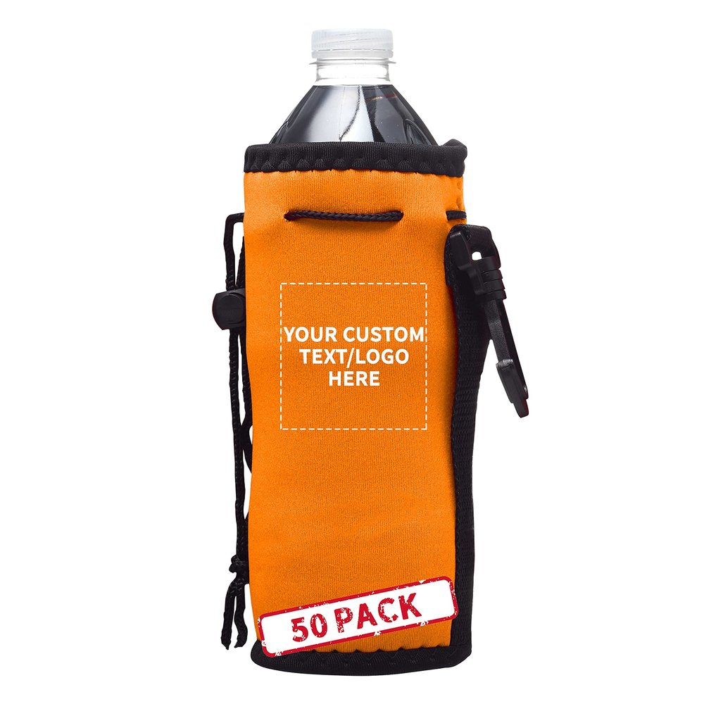 50 Neoprene Water Bottle Drawstring Insulators Pack - Customizable Text, Logo - 12 oz. Longneck, Hook - Neon Orange