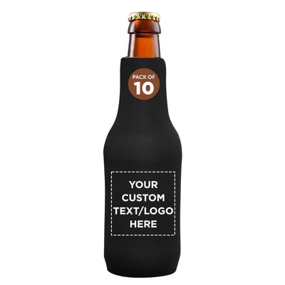 10 Neoprene Zippered Beer Bottle Coolies Pack - Customizable Text, Logo - Sharkskin Rubber Bottom - Black