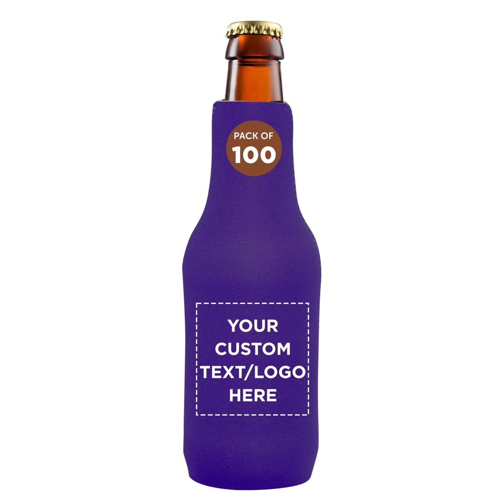 100 Neoprene Zippered Beer Bottle Coolies Pack - Customizable Text, Logo - Sharkskin Rubber Bottom - Purple