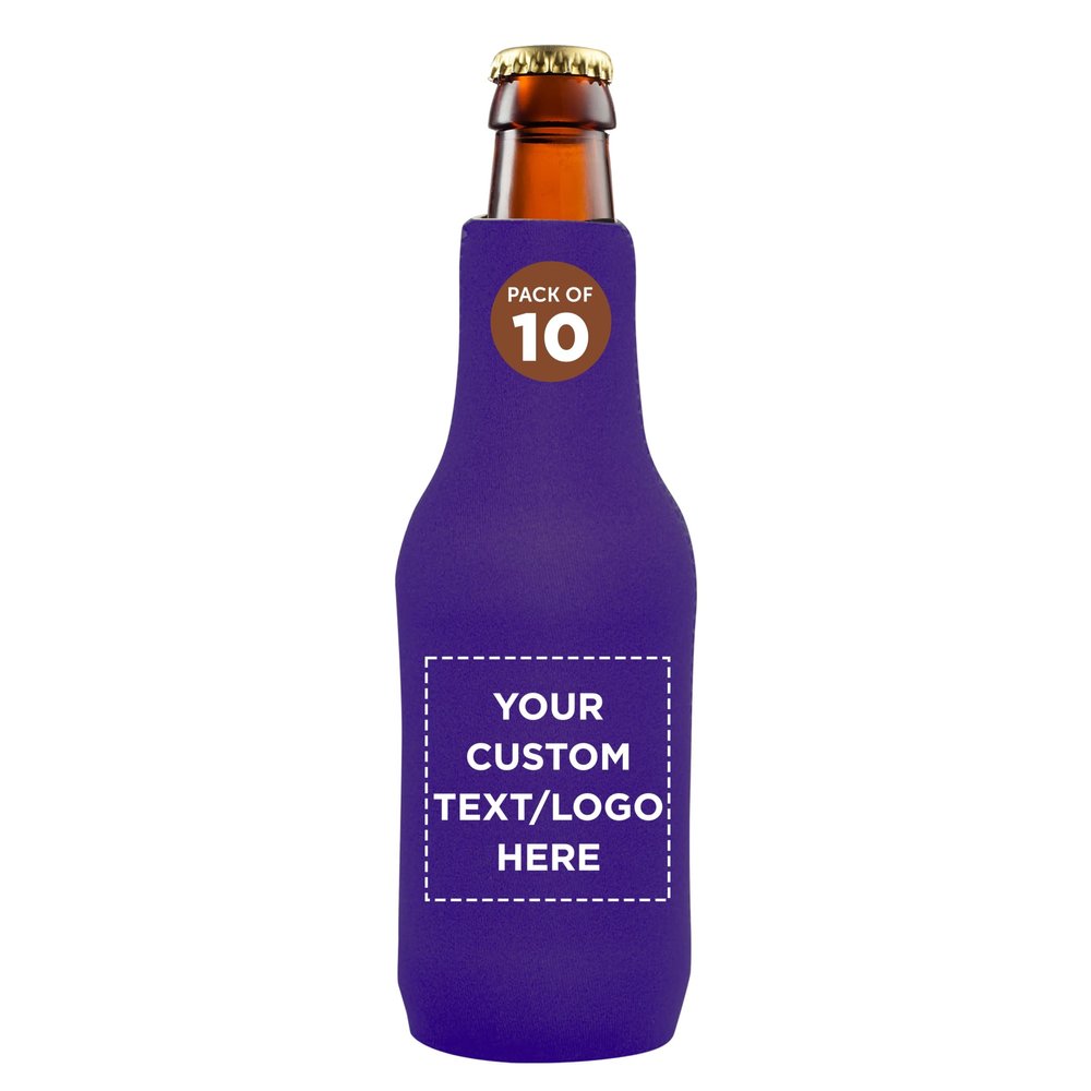 10 Neoprene Zippered Beer Bottle Coolies Pack - Customizable Text, Logo - Sharkskin Rubber Bottom - Purple