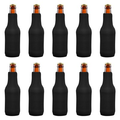 10 Neoprene Zippered Beer Bottle Coolies Pack - Sharkskin Rubber Bottom - Black