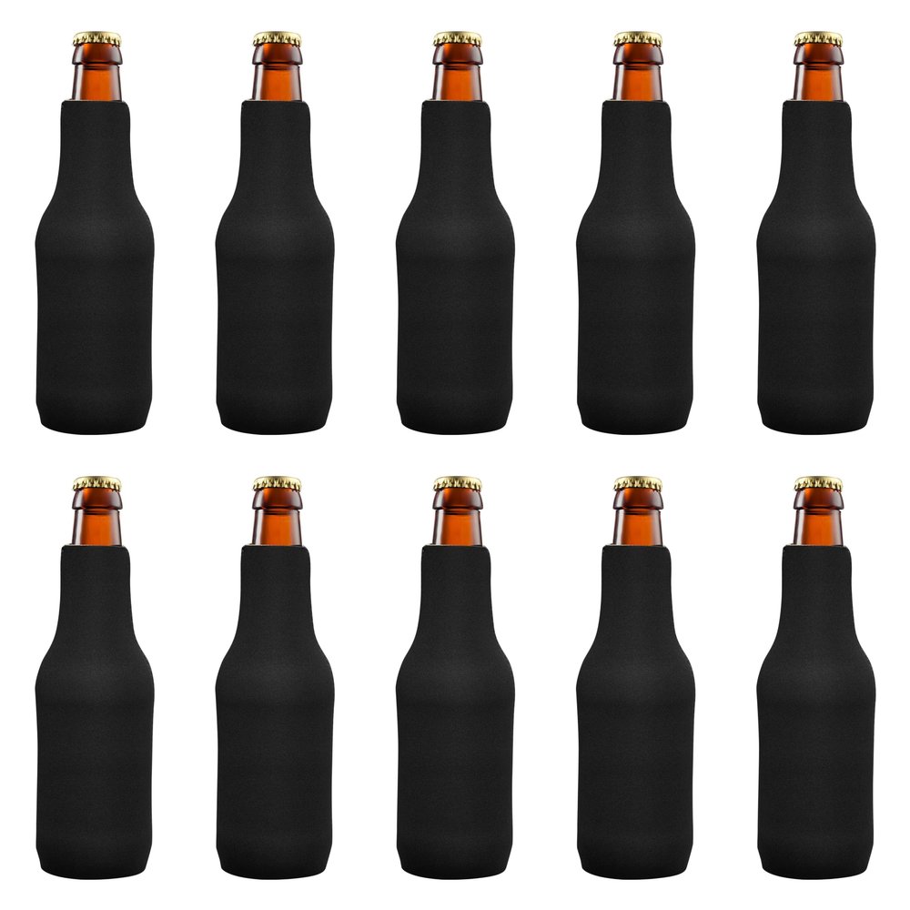10 Neoprene Zippered Beer Bottle Coolies Pack - Sharkskin Rubber Bottom - Black