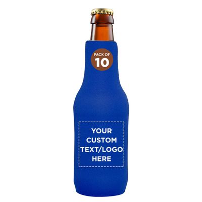 10 Neoprene Zippered Beer Bottle Coolies Pack - Customizable Text, Logo - Sharkskin Rubber Bottom - Royal Blue