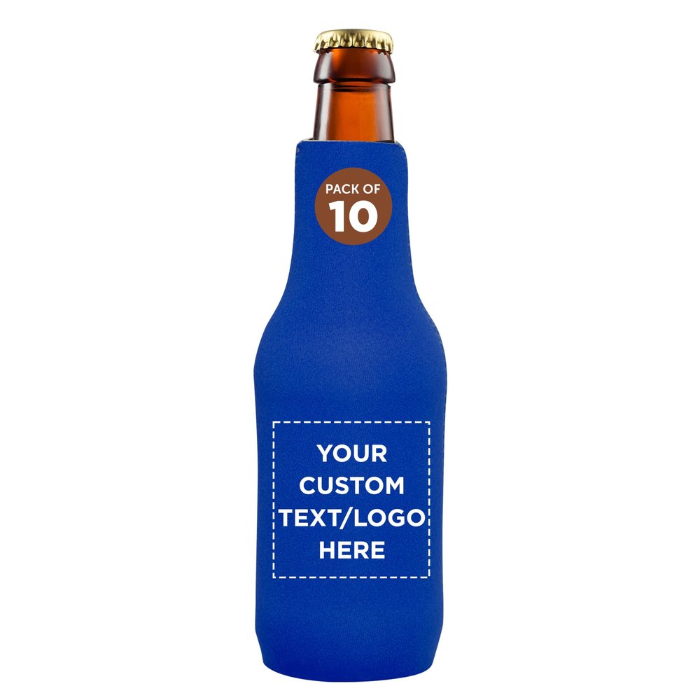 10 Neoprene Zippered Beer Bottle Coolies Pack - Customizable Text, Logo - Sharkskin Rubber Bottom - Royal Blue