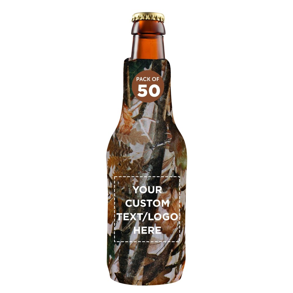 50 Neoprene Zippered Beer Bottle Coolies Pack - Customizable Text, Logo - Sharkskin Rubber Bottom - Camo3
