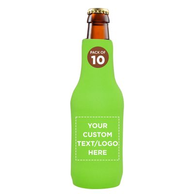 10 Neoprene Zippered Beer Bottle Coolies Pack - Customizable Text, Logo - Sharkskin Rubber Bottom - Lime Green