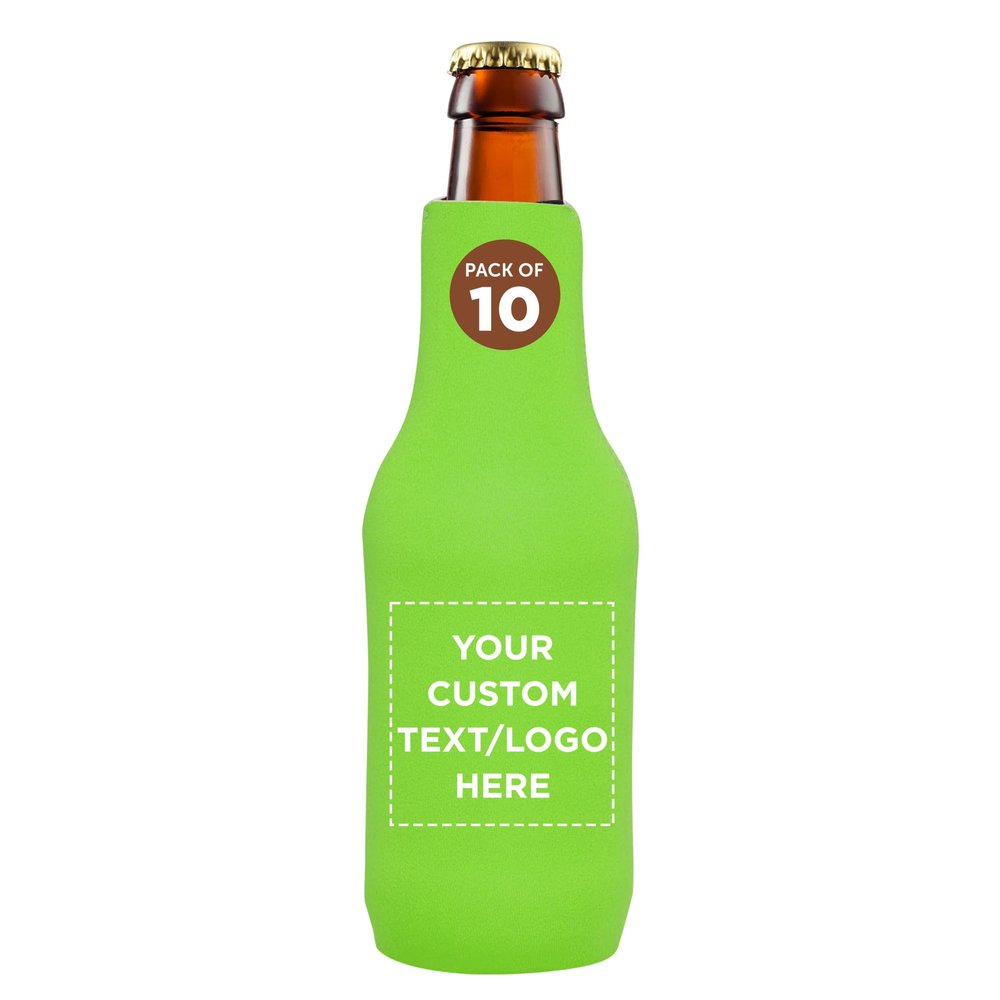 10 Neoprene Zippered Beer Bottle Coolies Pack - Customizable Text, Logo - Sharkskin Rubber Bottom - Lime Green