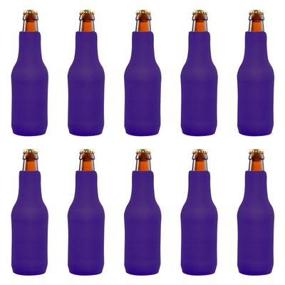10 Neoprene Zippered Beer Bottle Coolies Pack - Sharkskin Rubber Bottom - Purple