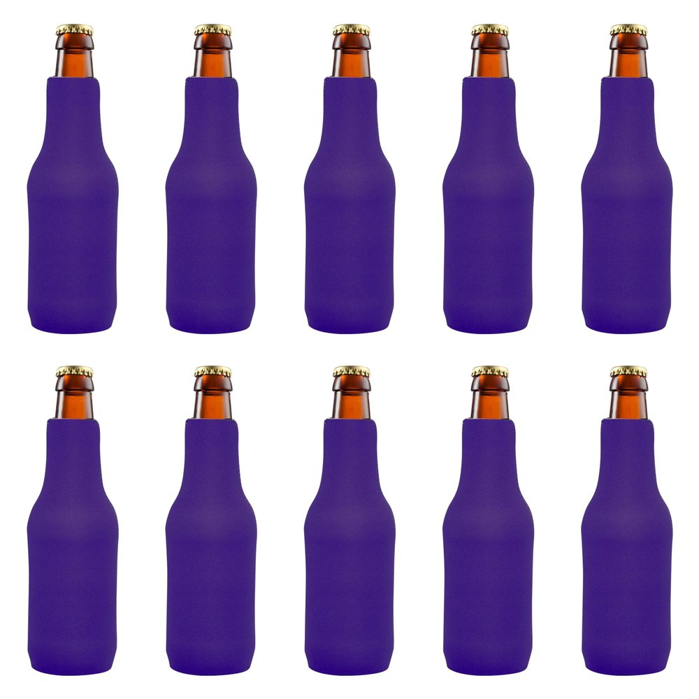 10 Neoprene Zippered Beer Bottle Coolies Pack - Sharkskin Rubber Bottom - Purple