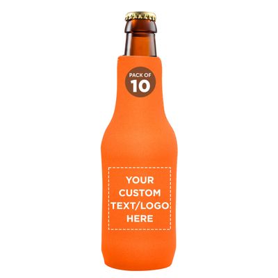 10 Neoprene Zippered Beer Bottle Coolies Pack - Customizable Text, Logo - Sharkskin Rubber Bottom - Neon Orange