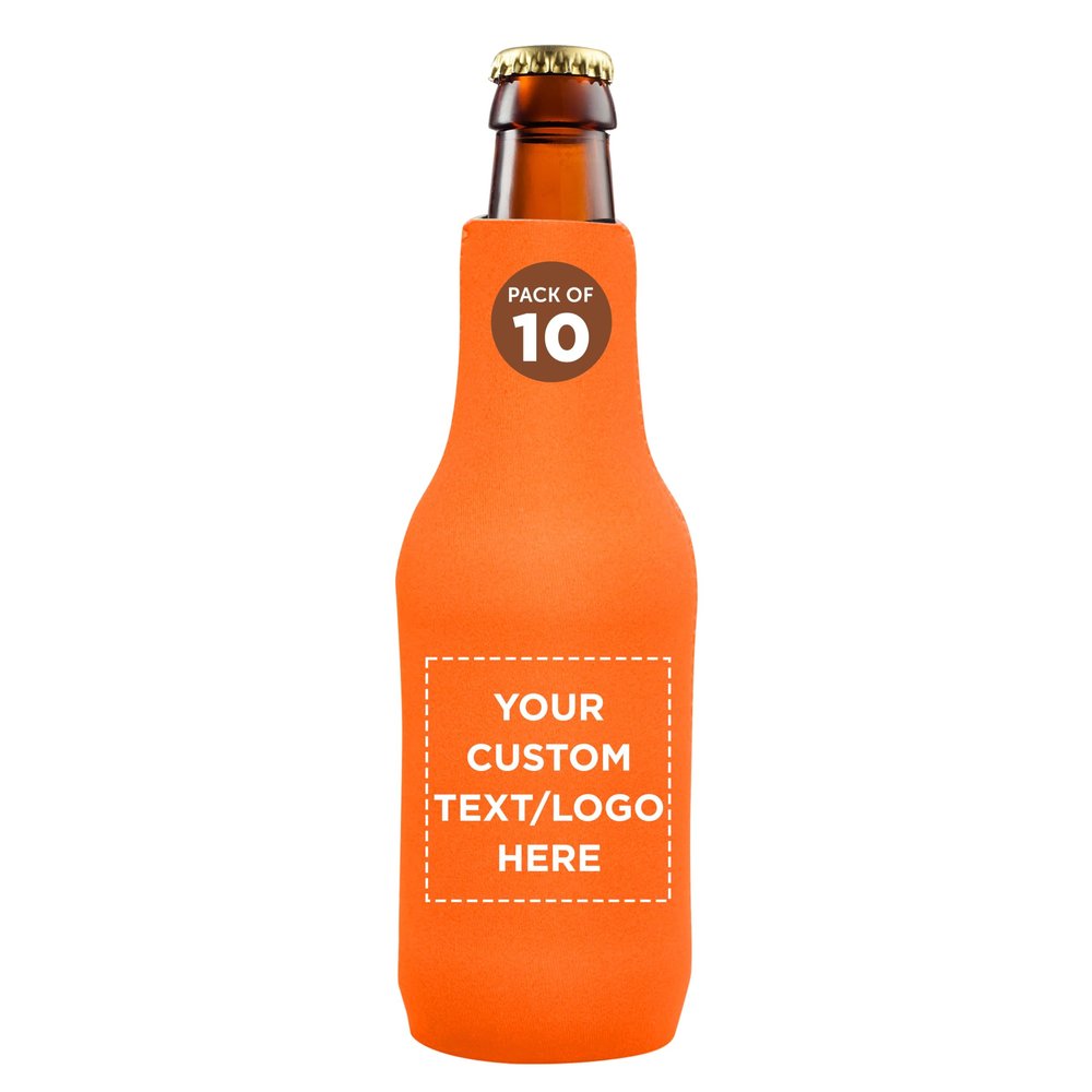 10 Neoprene Zippered Beer Bottle Coolies Pack - Customizable Text, Logo - Sharkskin Rubber Bottom - Neon Orange
