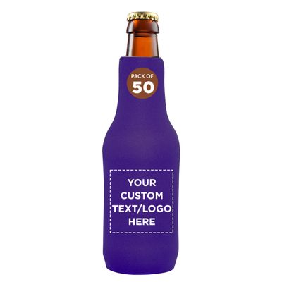 50 Neoprene Zippered Beer Bottle Coolies Pack - Customizable Text, Logo - Sharkskin Rubber Bottom - Purple