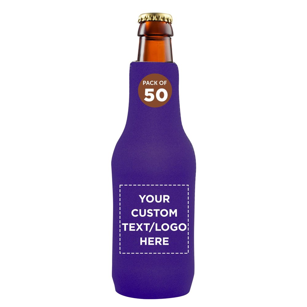 50 Neoprene Zippered Beer Bottle Coolies Pack - Customizable Text, Logo - Sharkskin Rubber Bottom - Purple