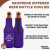 50 Neoprene Zippered Beer Bottle Coolies Pack - Customizable Text, Logo - Sharkskin Rubber Bottom - Purple view 3