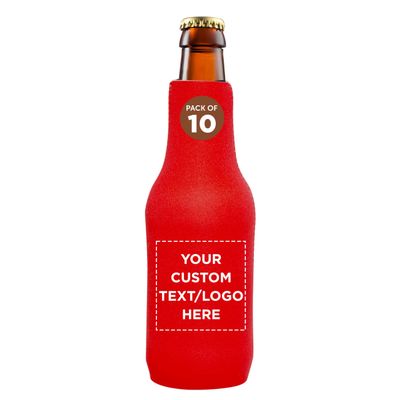 10 Neoprene Zippered Beer Bottle Coolies Pack - Customizable Text, Logo - Sharkskin Rubber Bottom - Red