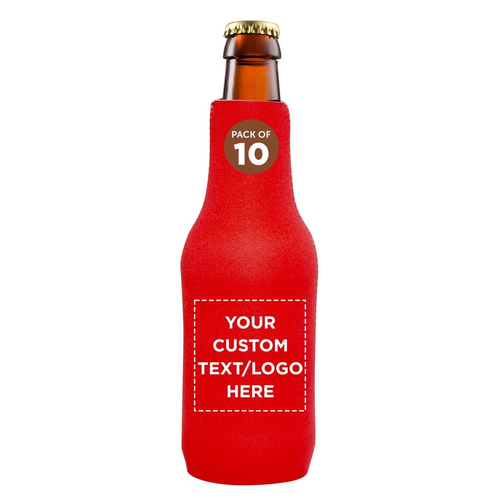10 Neoprene Zippered Beer Bottle Coolies Pack - Customizable Text, Logo - Sharkskin Rubber Bottom - Red