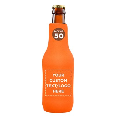 50 Neoprene Zippered Beer Bottle Coolies Pack - Customizable Text, Logo - Sharkskin Rubber Bottom - Neon Orange