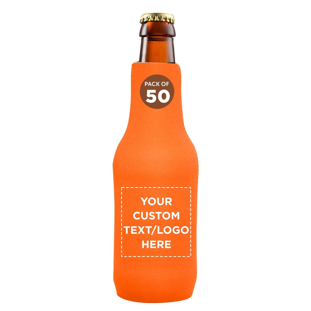 50 Neoprene Zippered Beer Bottle Coolies Pack - Customizable Text, Logo - Sharkskin Rubber Bottom - Neon Orange