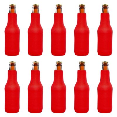 10 Neoprene Zippered Beer Bottle Coolies Pack - Sharkskin Rubber Bottom - Red