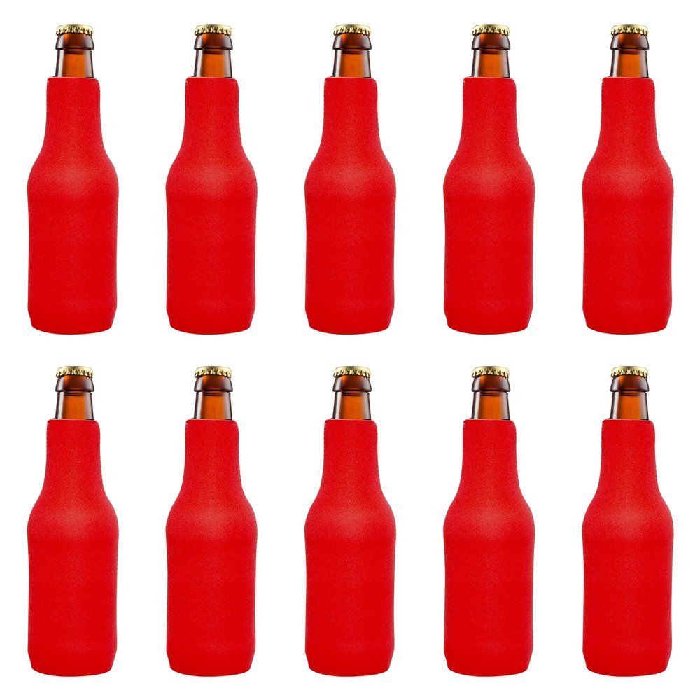 10 Neoprene Zippered Beer Bottle Coolies Pack - Sharkskin Rubber Bottom - Red