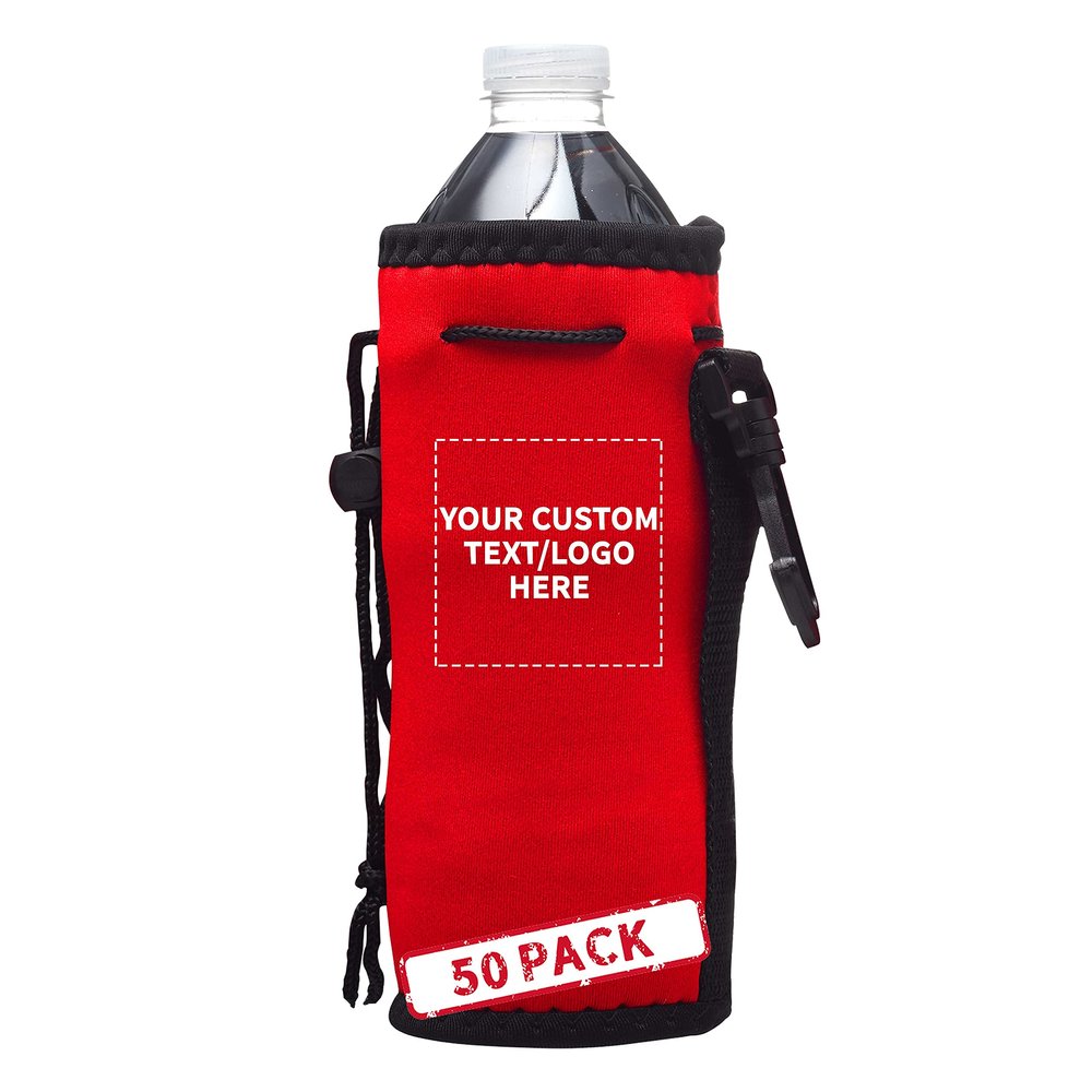 50 Neoprene Water Bottle Drawstring Insulators Pack - Customizable Text, Logo - 12 oz. Longneck, Hook - Red