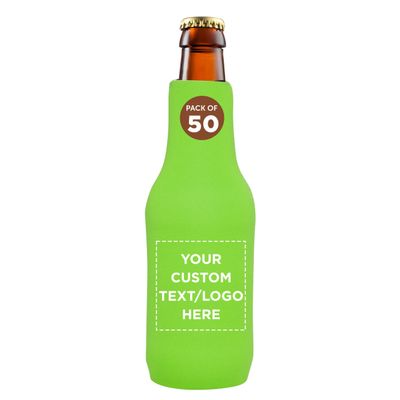 50 Neoprene Zippered Beer Bottle Coolies Pack - Customizable Text, Logo - Sharkskin Rubber Bottom - Lime Green