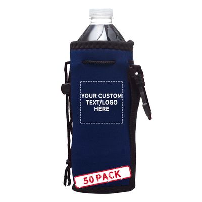 50 Neoprene Water Bottle Drawstring Insulators Pack - Customizable Text, Logo - 12 oz. Longneck, Hook - Navy Blue