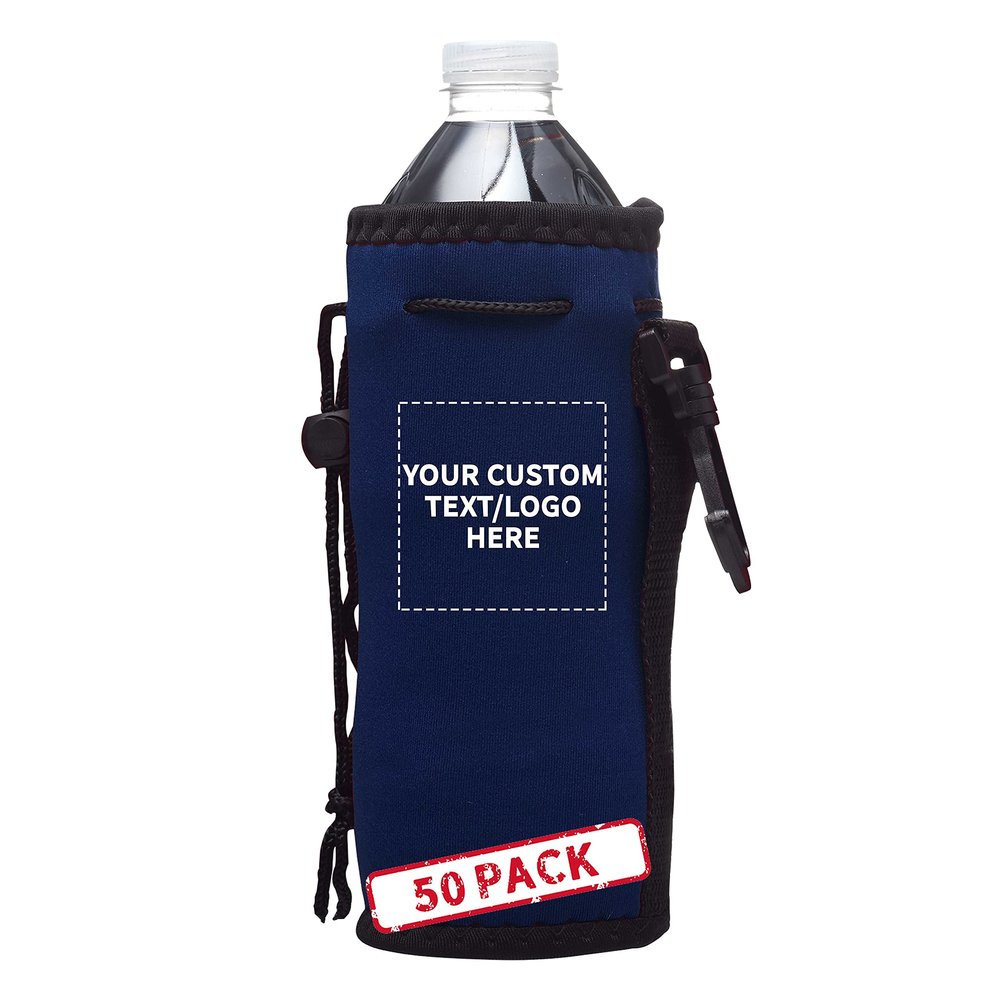 50 Neoprene Water Bottle Drawstring Insulators Pack - Customizable Text, Logo - 12 oz. Longneck, Hook - Navy Blue