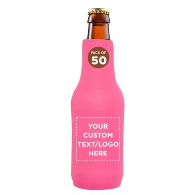 50 Neoprene Zippered Beer Bottle Coolies Pack - Customizable Text, Logo - Sharkskin Rubber Bottom - Neon Pink