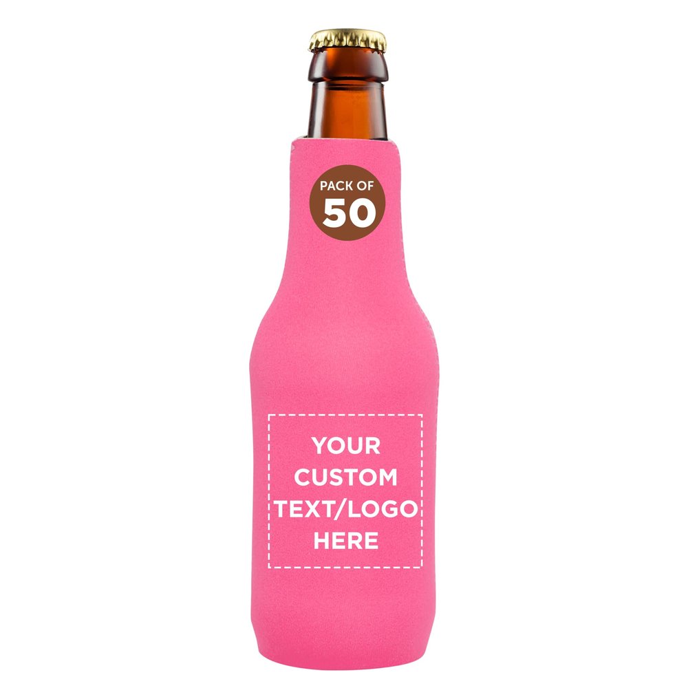 50 Neoprene Zippered Beer Bottle Coolies Pack - Customizable Text, Logo - Sharkskin Rubber Bottom - Neon Pink