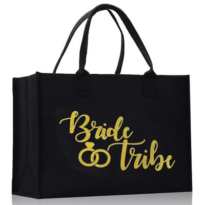 VANESSA ROSELLA Wedding Bridal Shower Bride 100% Cotton Chic Tote Bag (Black, Bride & Tribe)