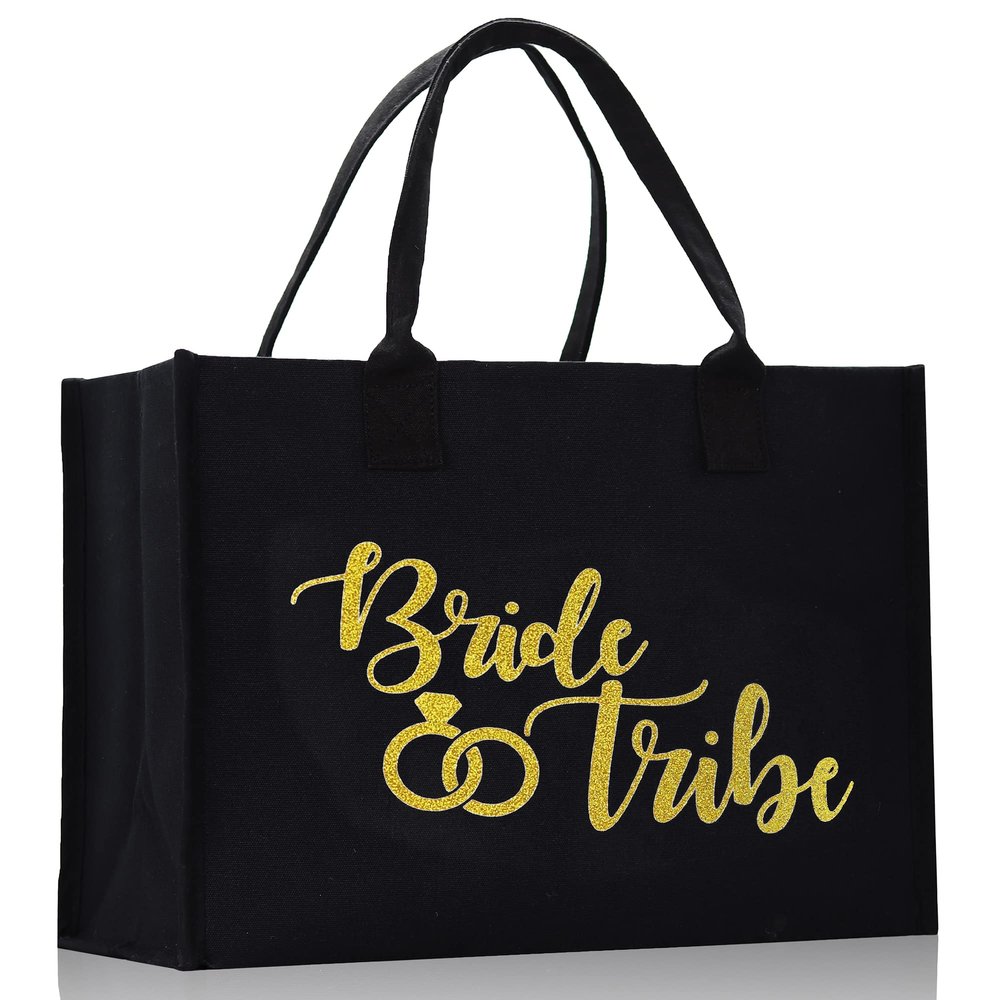 VANESSA ROSELLA Wedding Bridal Shower Bride 100% Cotton Chic Tote Bag (Black, Bride & Tribe)