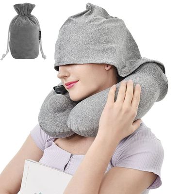 Formva Inflatable Travel Pillow with Hoodie Support The Head, Neck and Chin, Comfortable and Washable Cover, U-Shaped Neck Pillow with Storage Bag for Airplane, Car, Train, Bus and Home Use