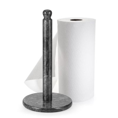Flexzion Marble Paper Towel Holder 12 inch (Black) - Kitchen Countertop Paper Towel Holder Stand Rack with Roll Dispenser Pole and Weighted Marble Base for Tables Home Dining Bathroom Storage