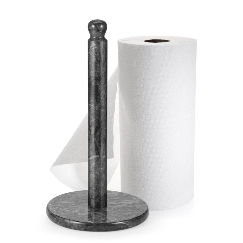 Flexzion Marble Paper Towel Holder 12 inch (Black) - Kitchen Countertop Paper Towel Holder Stand Rack with Roll Dispenser Pole and Weighted Marble Base for Tables Home Dining Bathroom Storage