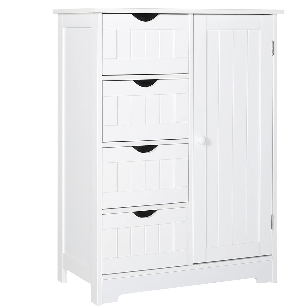 MUPATER Small Storage Cabinet Organizer with 4 Drawers and 1 Cupboard, Freestanding Compact Floor Towel Cabinet for Bathroom and Entryway, White